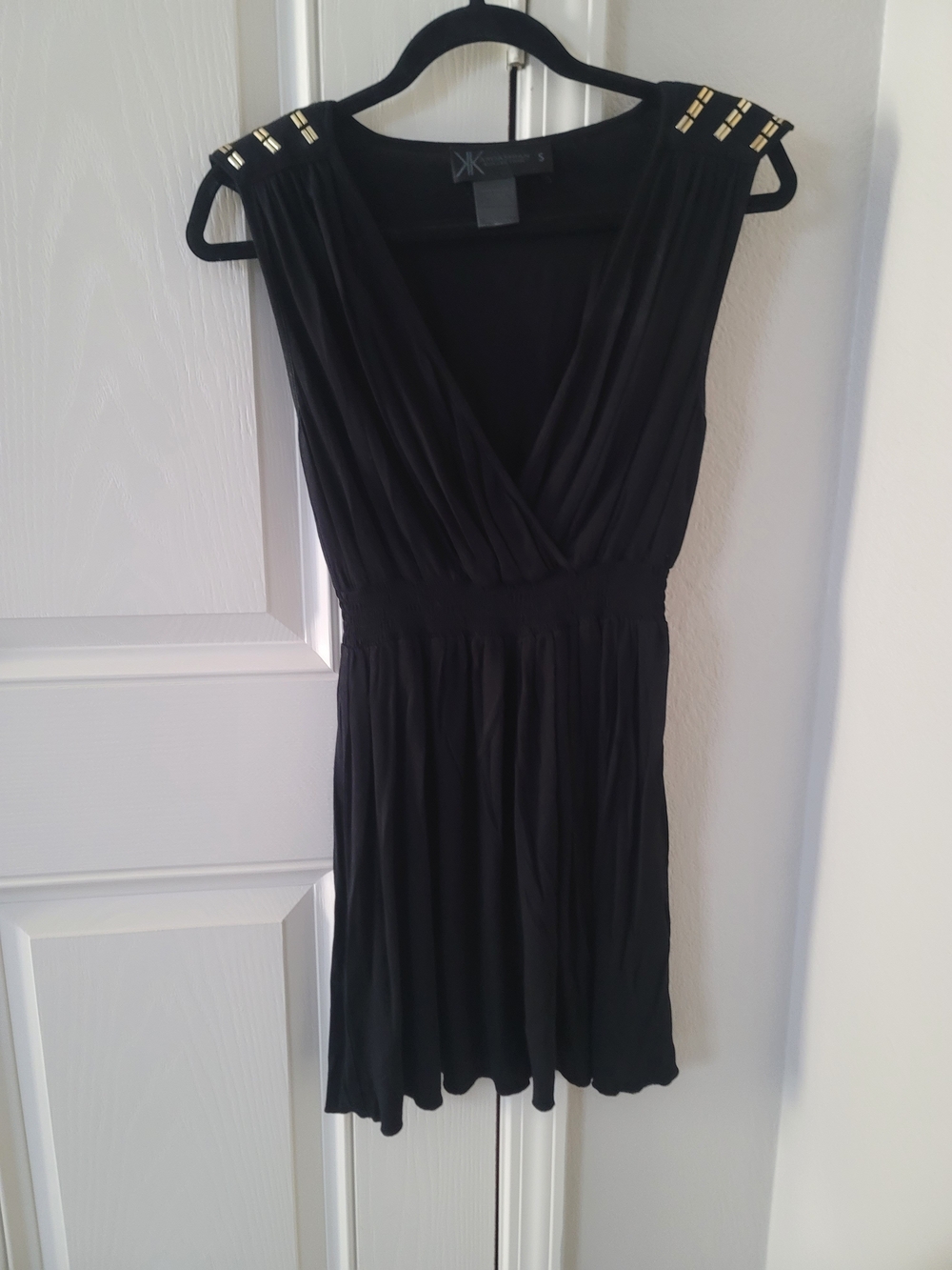 Kardashian Kollection Black Mini Dress with Gold Shoulder Accents